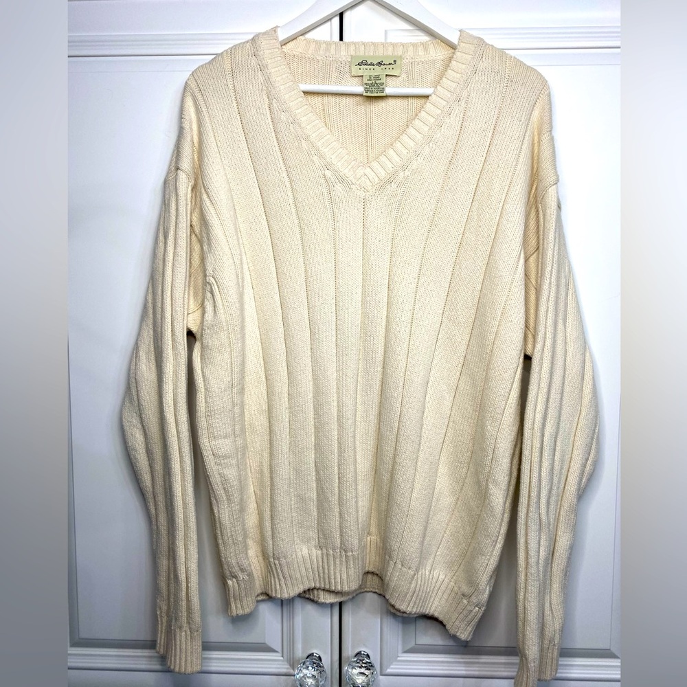 Eddie Bauer Men’s Size Large V Neck 100% Cotton Knit Cream Sweater Shirt Top